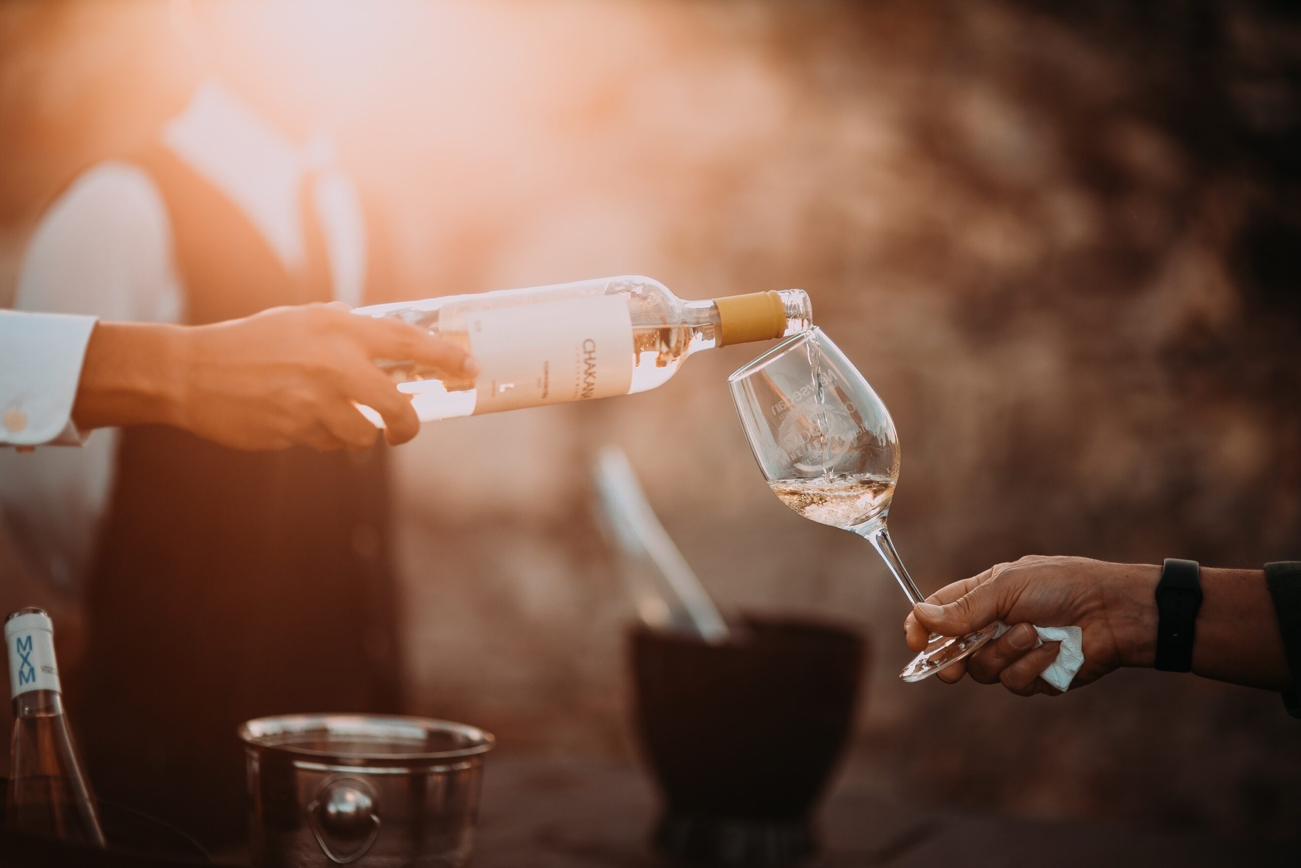 Bild i motljus på någon som serverar rosévin ur en flaska till ett glas.