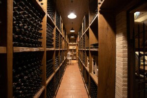 Att lagra vin. Bilden föreställer en vinlager, en vinkällare med hyllor och massor av lagringsbara viner.