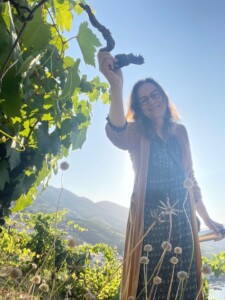 Porträttbild på Nadja Karlsson i motljus i en vingård hållandes en vinstock.