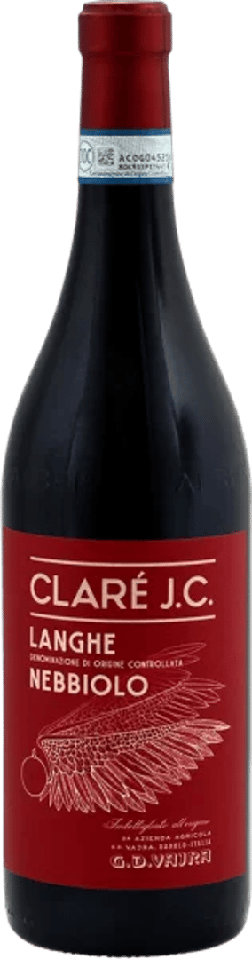 En glasflaska med G.D Vajra Claré JC Langhe Nebbiolo, ett rött vin från Toscana i Italien