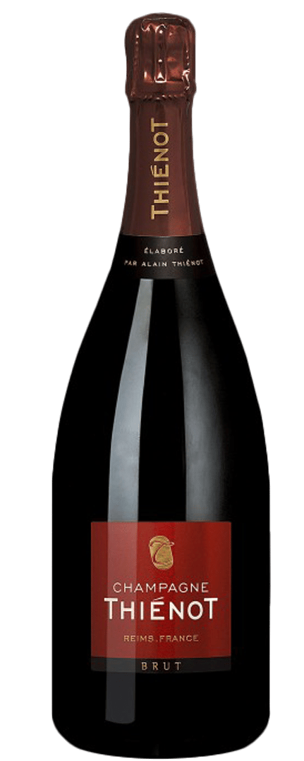 En glasflaska med Thiénot Brut, ett champagne från Champagne i Frankrike