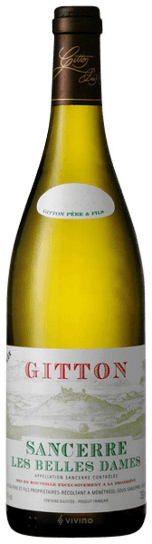 En glasflaska med Sancerre Les Belles Dames, ett vitt vin från Loiredalen i Frankrike
