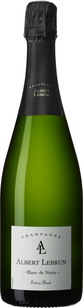 En glasflaska med Albert Lebrun Blanc de Noirs, ett champagne från Champagne i Frankrike