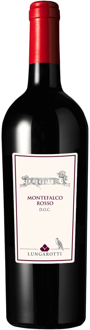 En lättare glasflaska med Lungarotti Montefalco Rosso, ett rött vin från Umbrien i Italien