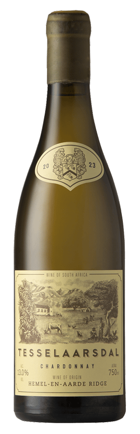 En glasflaska med Tesselaarsdal Chardonnay, ett vitt vin från Western Cape i Sydafrika