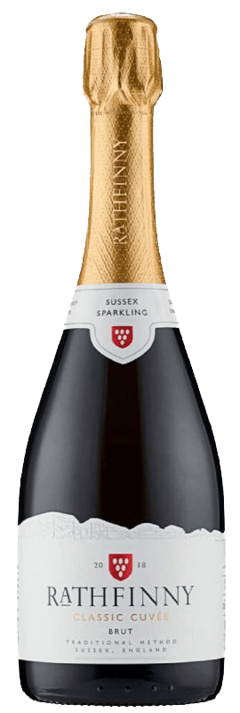 En glasflaska med Rathfinny Classic Cuvée Brut, ett mousserande vin från England i Storbritannien