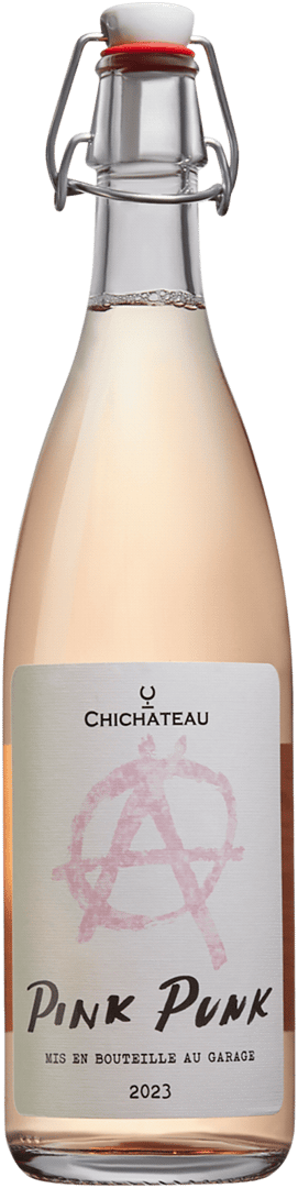 En glasflaska med Pink Punk, en rosévin från Serbien
