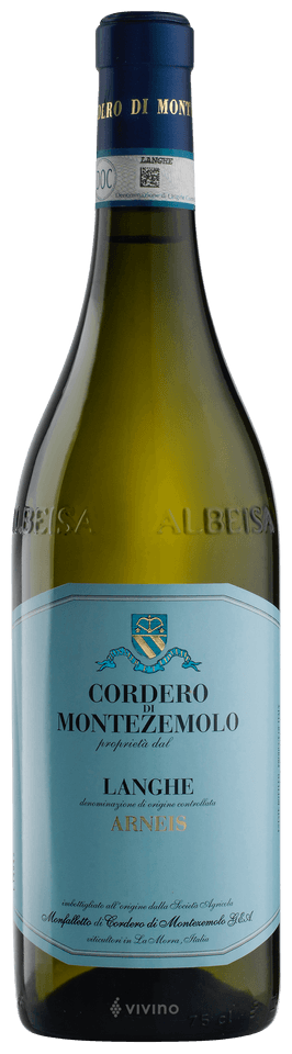 En glasflaska med Langhe Arneis Cordero di Montezemolo, ett vitt vin från Piemonte i Italien