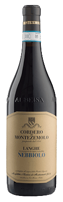 En glasflaska med Langhe Nebbiolo Cordero di Montezemolo, ett rött vin från Piemonte i Italien