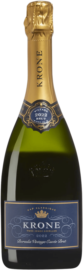 En glasflaska med Krone Borealis Vintage Cuvée, ett mousserande vin från Western Cape i Sydafrika