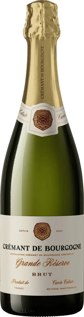 En glasflaska med Crémant de Bourgogne, en mousserande vin från Bourgogne i Frankrike