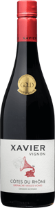 En lättare glasflaska med Xavier Vignon Côtes-du-Rhône Grenache Vieilles Vignes Organic 2021, ett rött vin från Rhonedalen i Frankrike