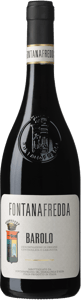 En glasflaska med Fontanafredda Barolo 2019, ett rött vin från Piemonte i Italien