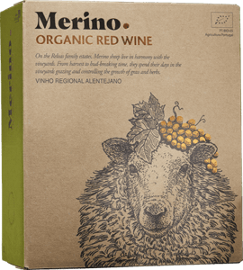 En box med Casa Relvas Merino Organic Red Wine 2022, ett rött vin från Alentejo i Portugal