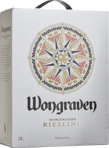En box med Wongraven Morgenstern Riesling 2022, ett vitt vin från Pfalz i Tyskland