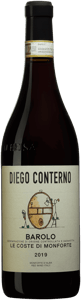 En flaska med Diego Conterno Barolo Le Coste di Monforte 2019, ett rött vin från Piemonte i Italien