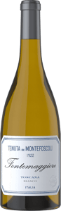 En flaska med Montefoscoli Toscana Bianco Fontemaggiore 2021, ett vitt vin från Toscana i Italien