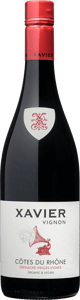 En flaska med Xavier Vignon Côtes-du-Rhône Grenache Vieilles Vignes Organic 2021, ett rött vin från Rhonedalen i Frankrike