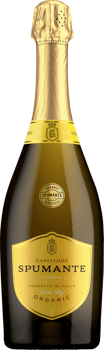 En glasflaska med Casteloro Spumante Organic Extra Dry, ett rött vin från Piemonte i Italien