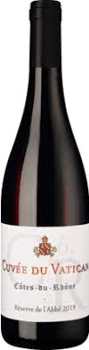 En lättare glasflaska med Cuvée du Vatican Côtes-du-Rhône Réserve de l’Abbé 2020, ett rött vin från Rhonedalen i Frankrike