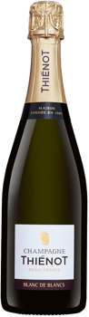 En lättare glasflaska med Thiénot Brut Blanc de Blancs, ett champagne från Champagne i Frankrike