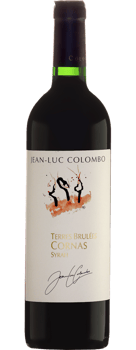 En glasflaska med Cornas Terres Brulées Syrah, ett rött vin från Rhonedalen i Frankrike