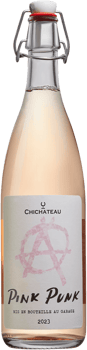 En glasflaska med Pink Punk, en rosévin från Serbien