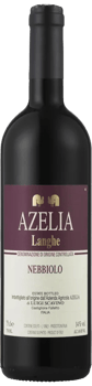 En glasflaska med Langhe Nebbiolo Azelia, ett rött vin från Piemonte i Italien