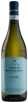 En glasflaska med Langhe Arneis Cordero di Montezemolo, ett vitt vin från Piemonte i Italien
