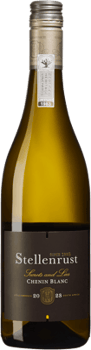 En glasflaska med Stellenrust Secret and Lies Chenin Blanc, ett vitt vin från Western Cape i Sydafrika