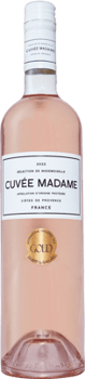 En glasflaska med Cuvée Madame Sélection de Mademoiselle, en rosévin från Provence i Frankrike