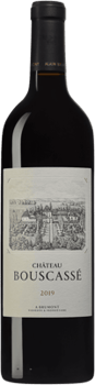 En glasflaska med Chateau Bouscassé, ett rött vin från Frankrike sydväst i Frankrike