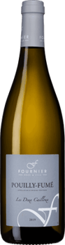 En glasflaska med Fournier Pouilly-Fumé Les Deux Cailloux, ett vitt vin från Loiredalen i Frankrike