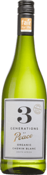 En lättare glasflaska med 3 Generations of Peace Organic Chenin Blanc 2021, ett vitt vin från Western Cape i Sydafrika