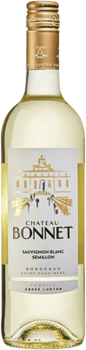 En lättare glasflaska med Chateau Bonnet Blanc, ett vitt vin från Bordeaux i Frankrike