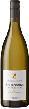 En glasflaska med Jean-Claude Boisset Chardonnay Les Ursulines, ett vitt vin från Bourgogne i Frankrike