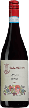 En lättare glasflaska med G.D. Vajra Langhe Rosso, ett rött vin från Piemonte i Italien