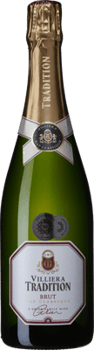 En glasflaska med Villiera Tradition Brut, ett mousserande vin från Sydafrika