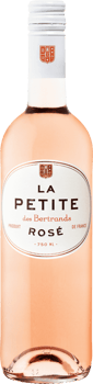 En glasflaska med Château des Bertrands La Petite Rosé, ett rött vin från Tjeckien