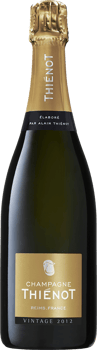 En glasflaska med Thiénot Brut Vintage 2012, ett champagne från Champagne i Frankrike
