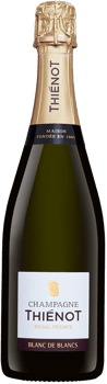 En glasflaska med Thiénot Brut Blanc de Blancs, ett champagne från Champagne i Frankrike