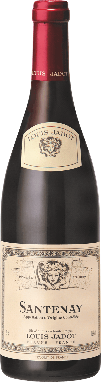 En glasflaska med Louis Jadot Santenay 2020, ett rött vin från Bourgogne i Frankrike