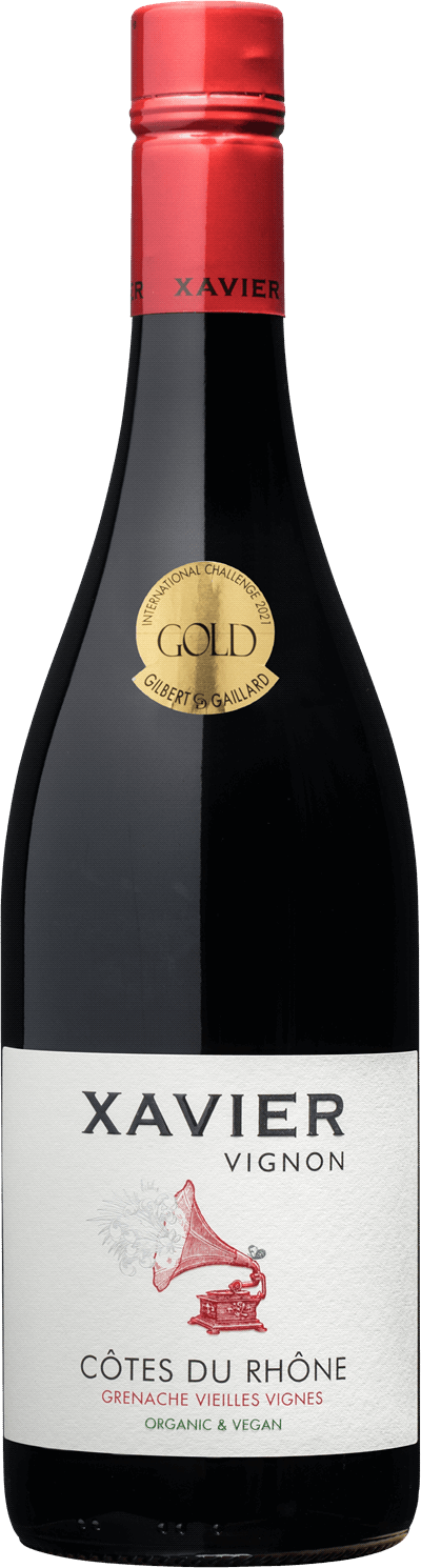 En lättare glasflaska med Xavier Vignon Côtes-du-Rhône Grenache Vieilles Vignes Organic 2021, ett rött vin från Rhonedalen i Frankrike