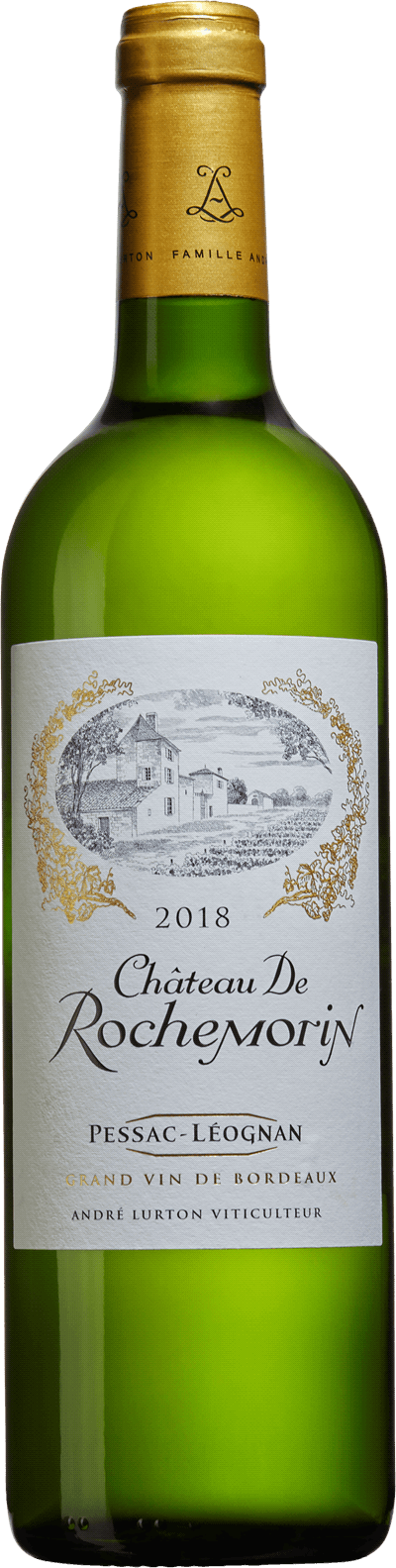 En glasflaska med Château de Rochemorin Blanc 2020, ett vitt vin från Bordeaux i Frankrike
