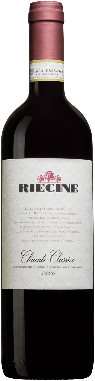 En glasflaska med Riecine Chianti Classico 2022, ett rött vin från Toscana i Italien
