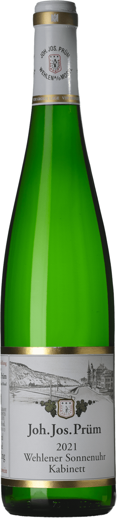 En glasflaska med Joh. Jos. Prüm Wehlener Sonnenuhr Kabinett 2023, ett vitt vin från Mosel i Tyskland