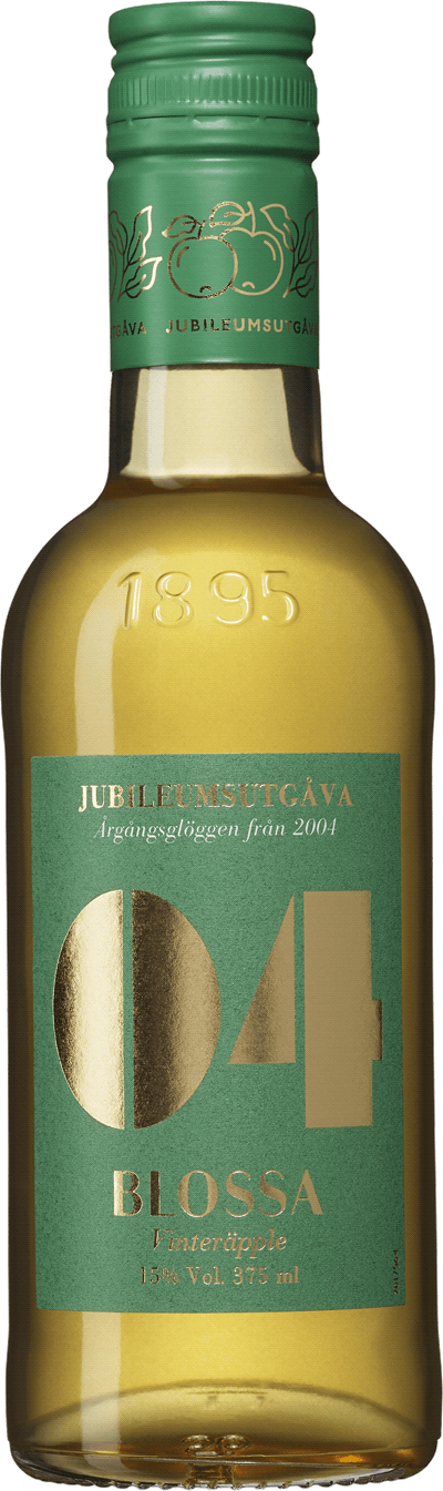 En lättare glasflaska med Blossa 04 Vinteräpple Jubileumsutgåva, en glögg och Glühwein från Sverige