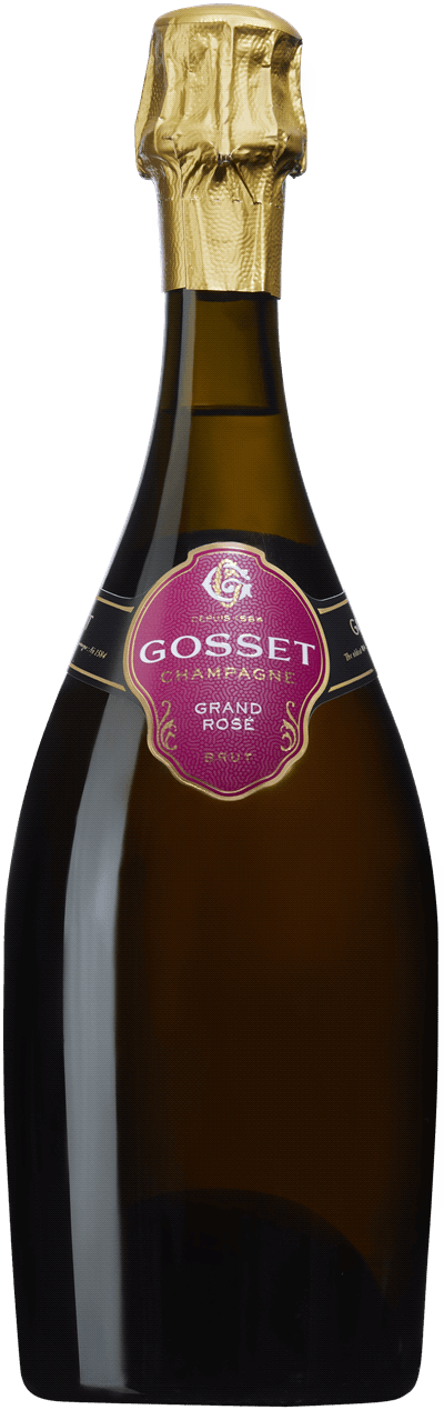 En glasflaska med Gosset Grand Rosé Brut, ett champagne från Champagne i Frankrike