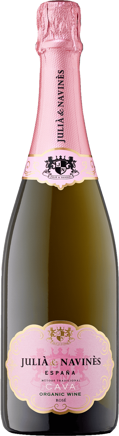 En glasflaska med Julià & Navinès Cava Organic Rosé, en mousserande från Cava i Spanien