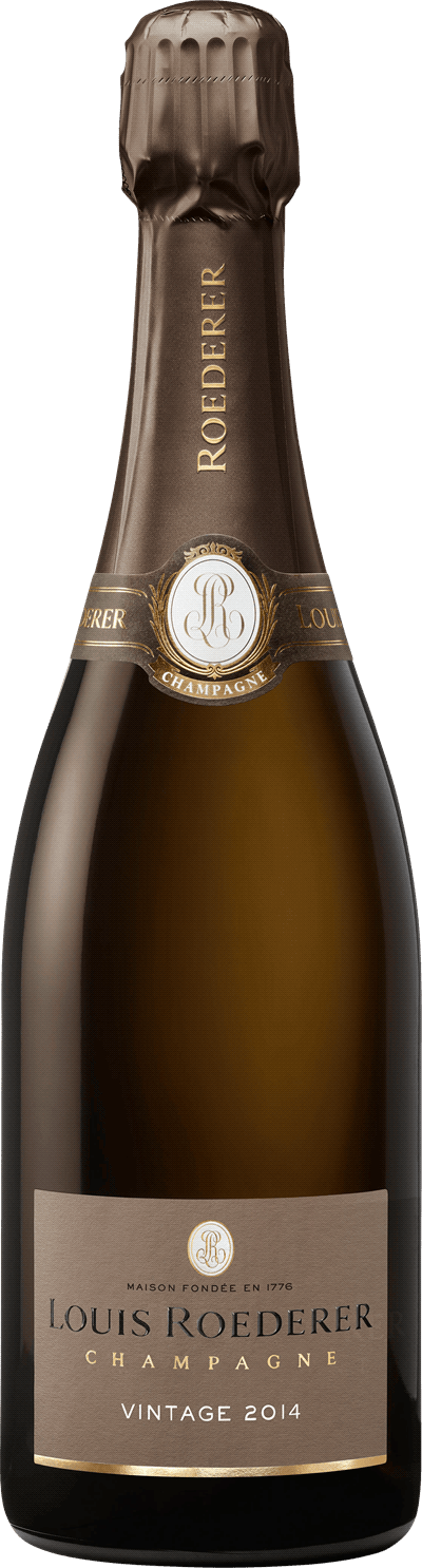 En glasflaska med Louis Roederer Brut Vintage 2015, ett champagne från Champagne i Frankrike